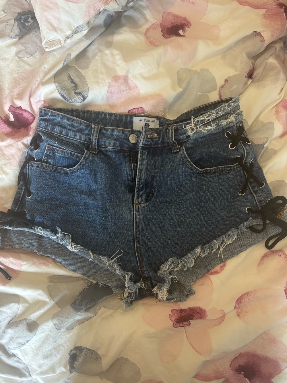 Women's Distressed Lace-Up Denim Shorts in Dark Blue 30 in / XL (fits like M)
